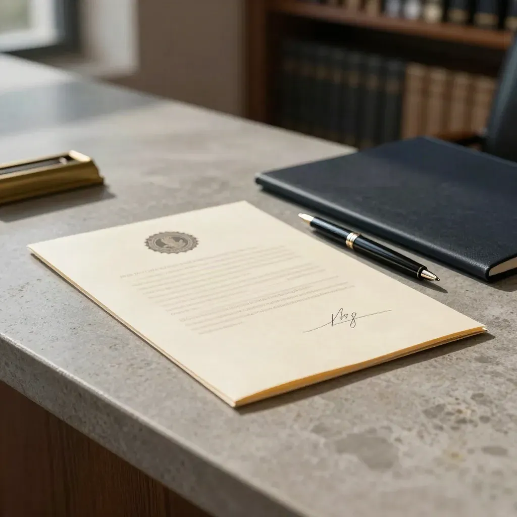 Sealed affidavit bundle with pen and folio on a stone desk in calm office light.