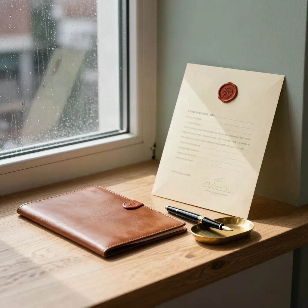 Sealed notary packet, embossed seal, folio and brass tray in a rain-lit Toronto office corner