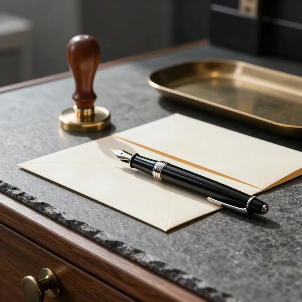 Capped pen and seal stamp beside a signed envelope on a slate counter.