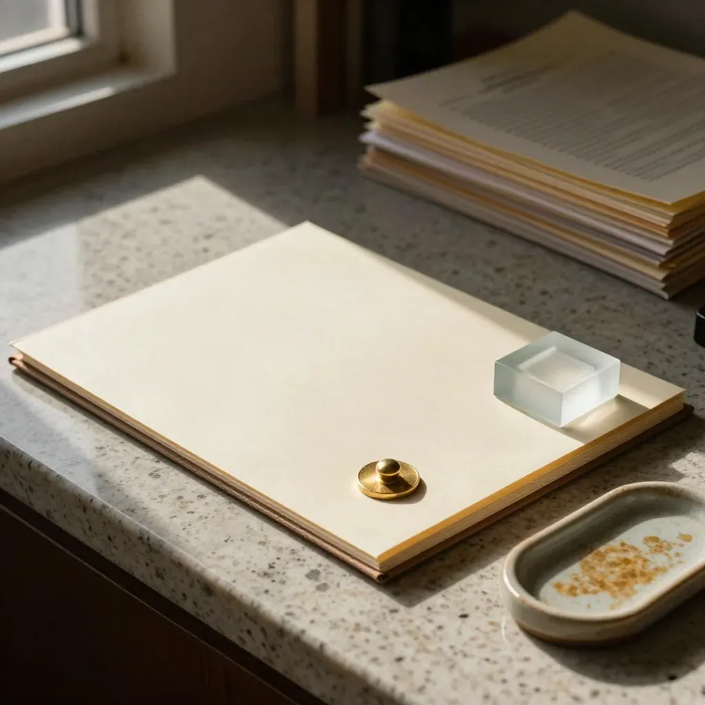 Closed declaration folder, brass seal, frosted paperweight and ceramic tray on travertine.