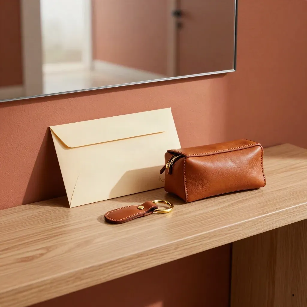 Travel consent envelope, leather pouch, key fob, and departure tray in a dawn entryway.