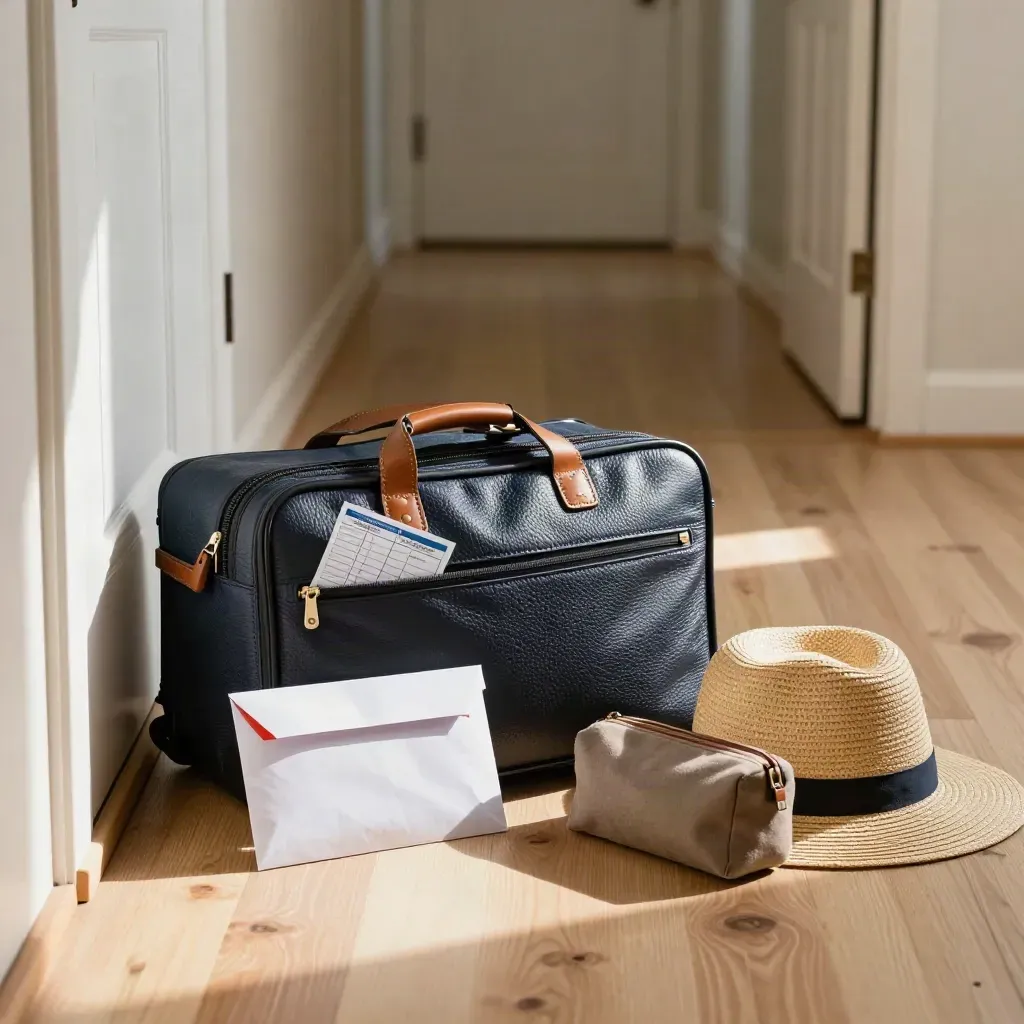 Travel consent envelope in a carry-on by a front door, ready for an early flight.