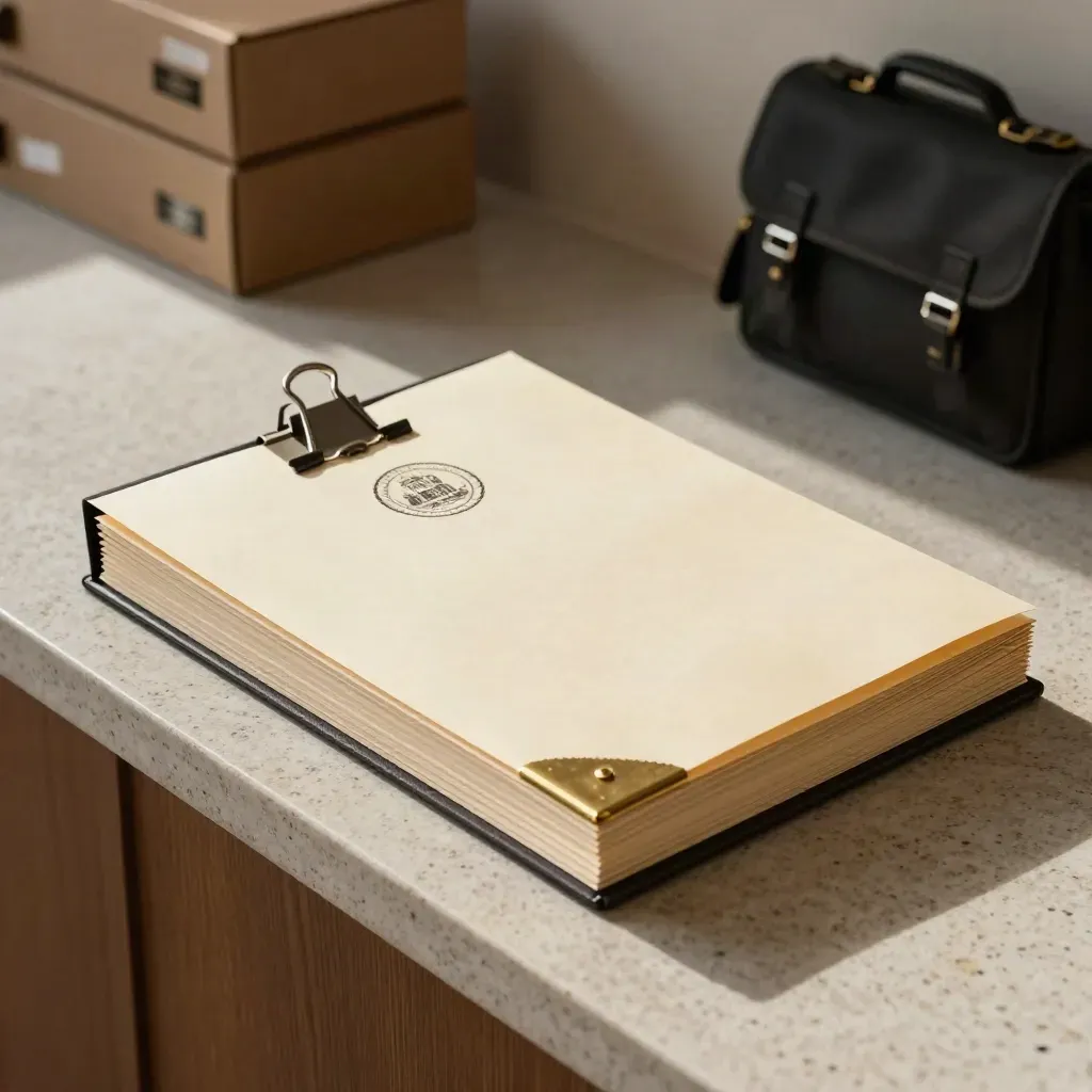 Sealed affidavit packet in a document box on travertine, ready for courier pickup.