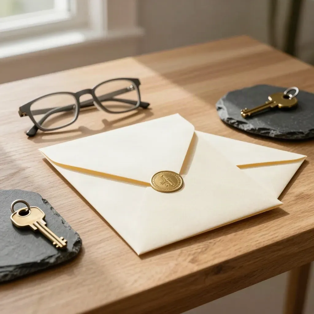 Power of attorney bundle on an entryway table with glasses, key, and envelope