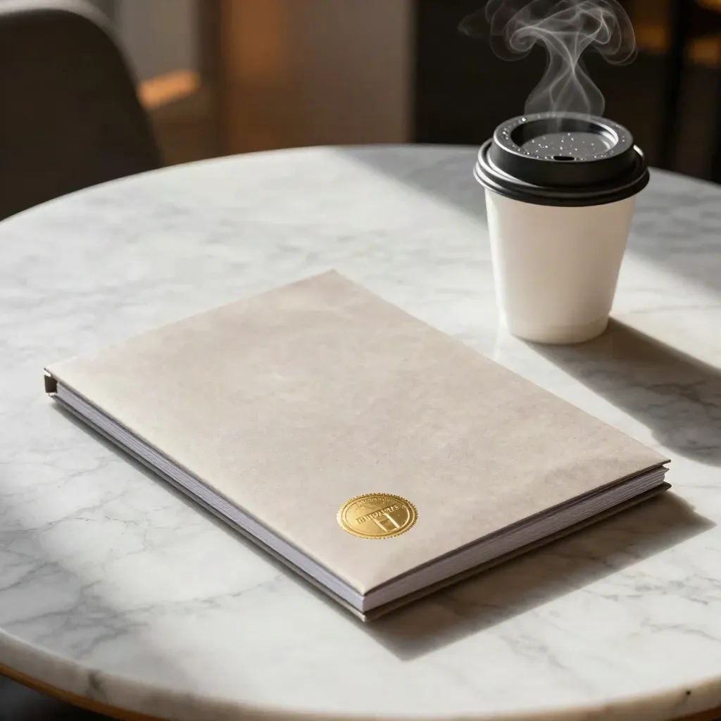 Sealed notary packet and coffee lid on marble table, steam rising in a quiet lunch setting