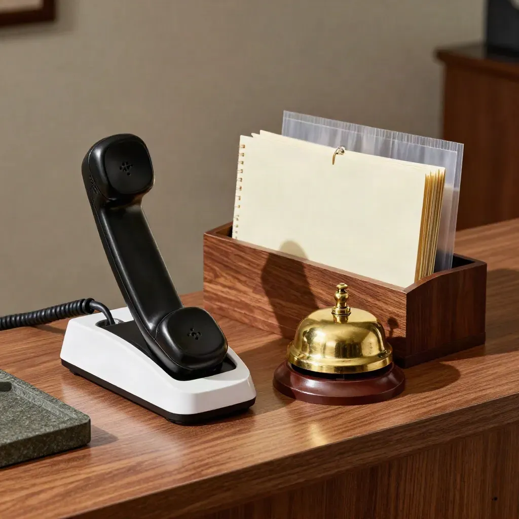 Cordless handset, brass bell and index dividers on a walnut reception counter in a notary office.