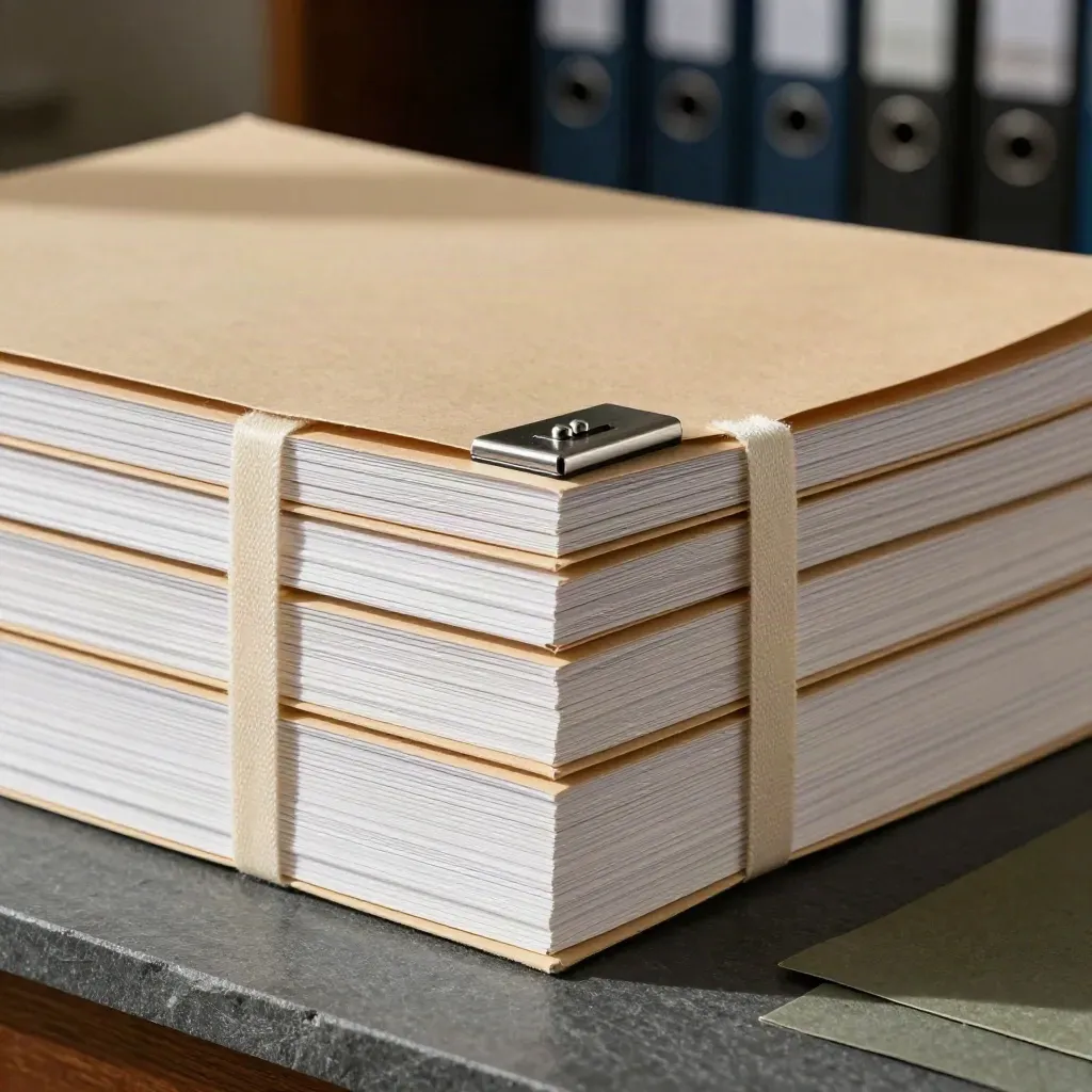 Certified-copy sleeves banded with cotton ribbon and a steel paperweight on slate.