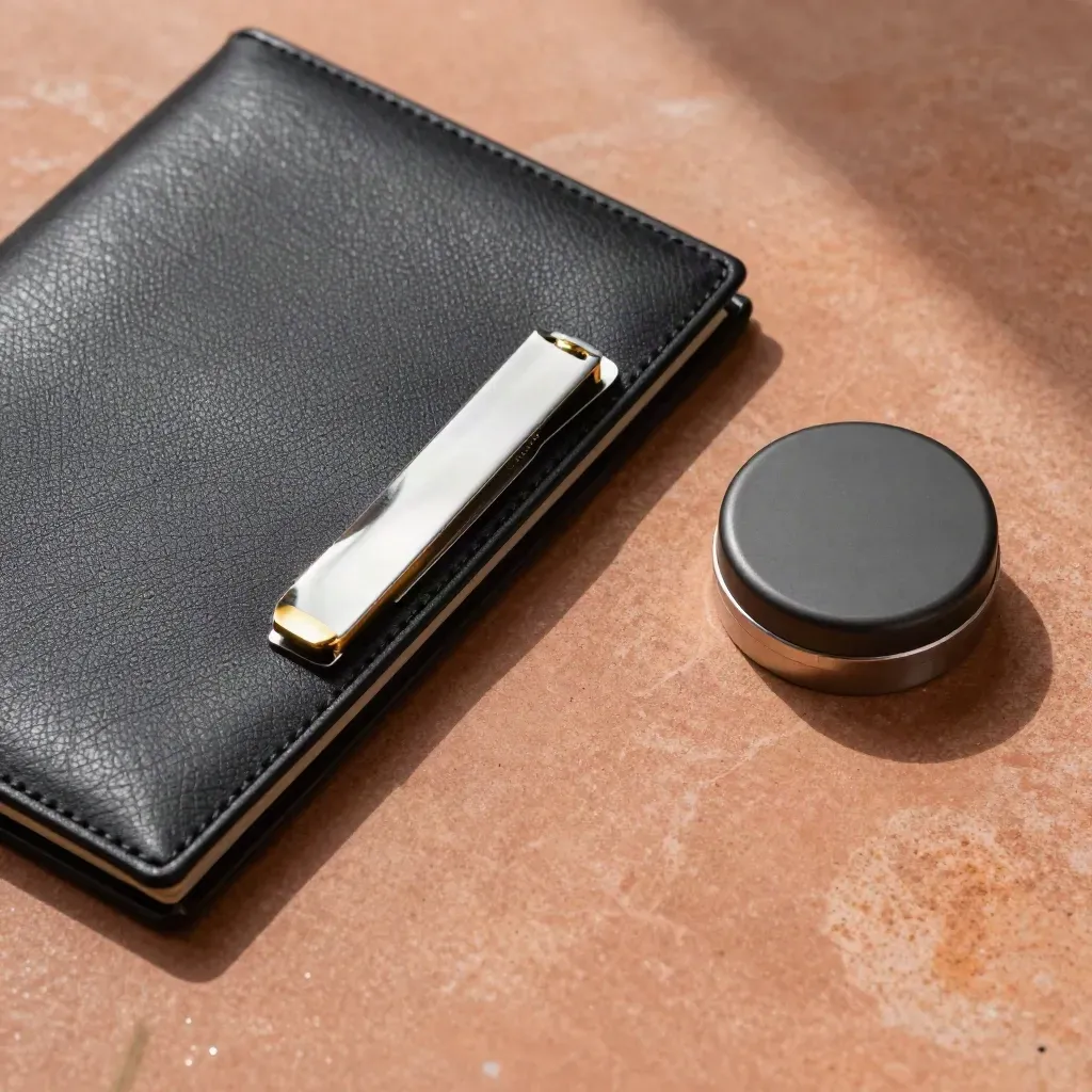 Overhead still life of a notary folio, silver clip and seal case on terracotta stone.