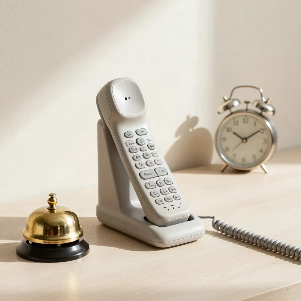 Cordless phone on cradle with brass bell and desk clock on pale wood, soft morning light.