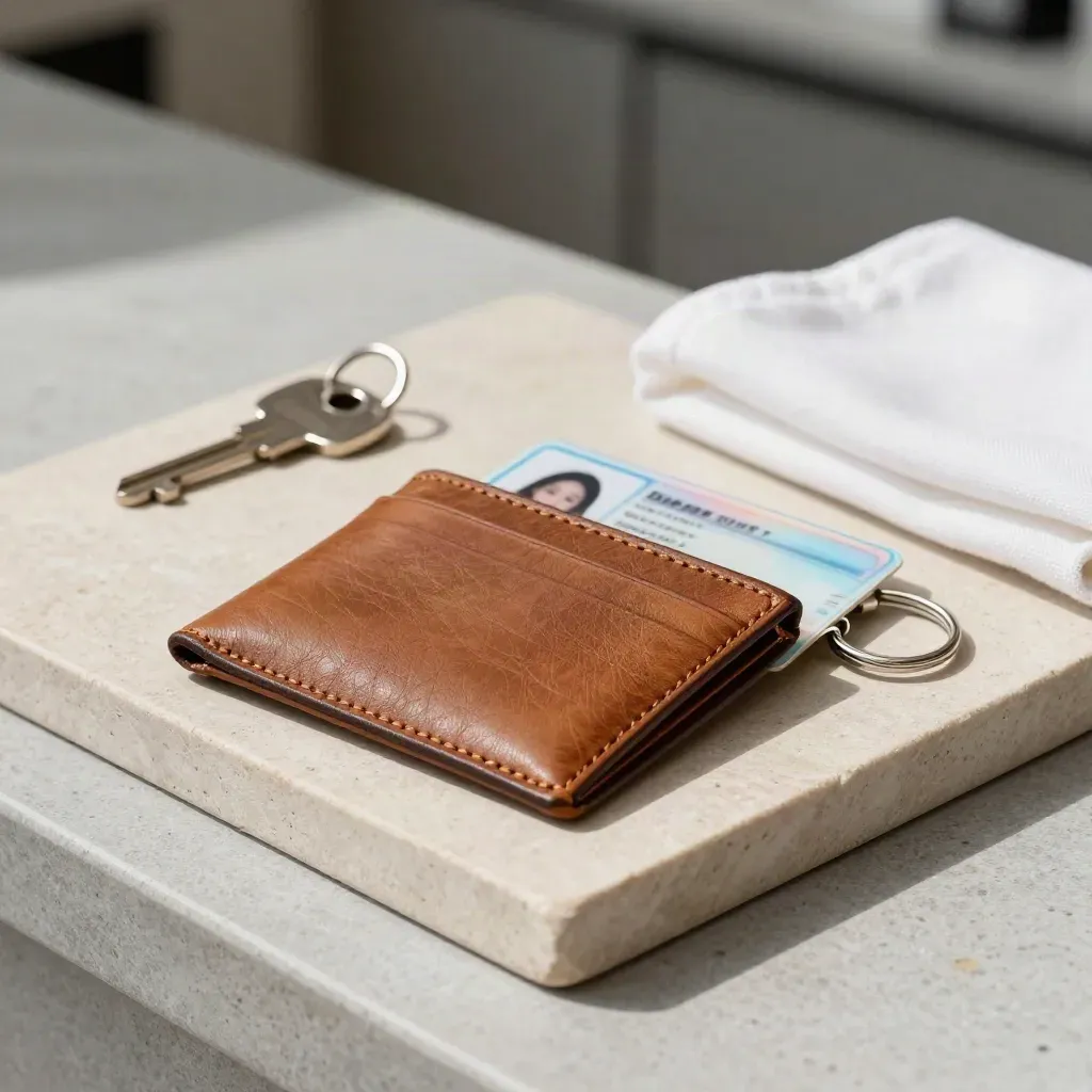Leather wallet, photo ID, and key ring on a stone tray in soft daylight.