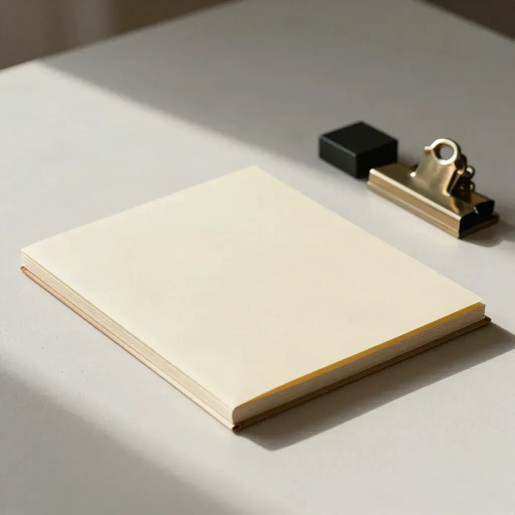 Cream legal folder, black paperweight, and brass clip on a plaster desktop