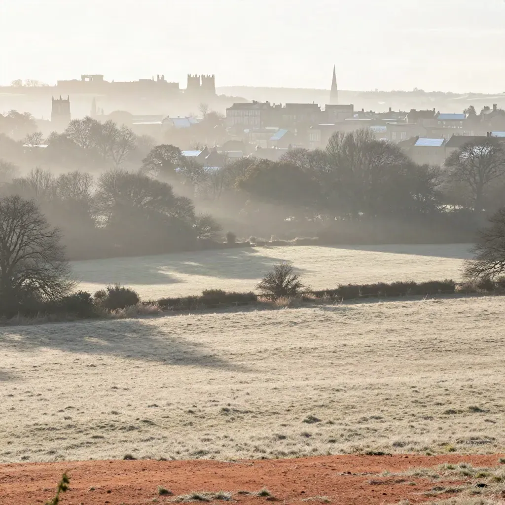 Misty Durham and York valley with trees, low skyline, and calm grassy foreground