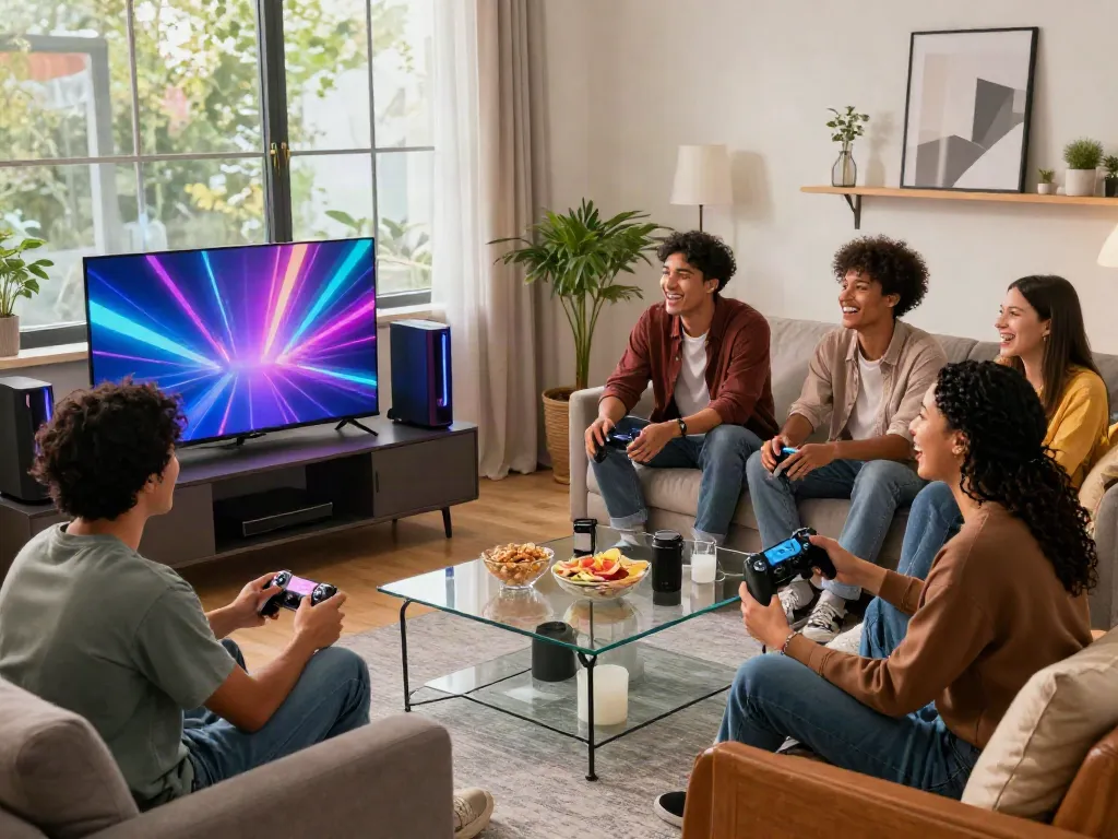 Friends enjoying gaming night with ROKOK88 brand elements in cozy urban apartment.